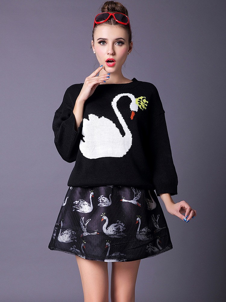 womens-fashion-ducks-printing-sweater-_-slim-skirt-suit1